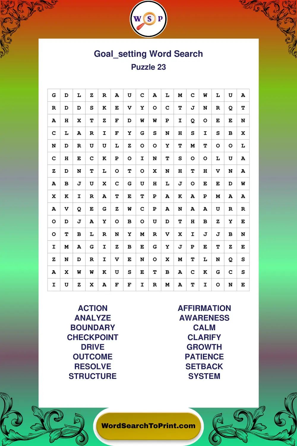 Goal Setting Word Search Puzzle 23