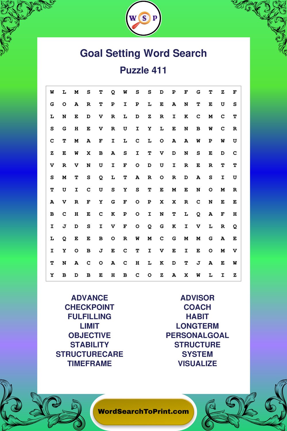 Goal Setting Word Search Puzzle 411