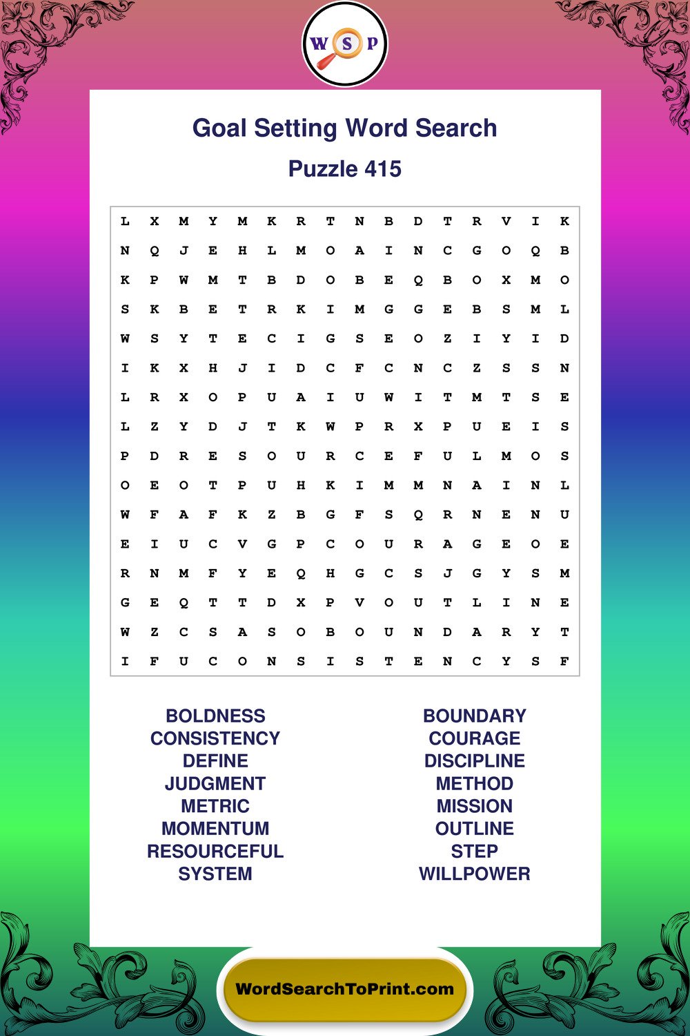 Goal Setting Word Search Puzzle 415