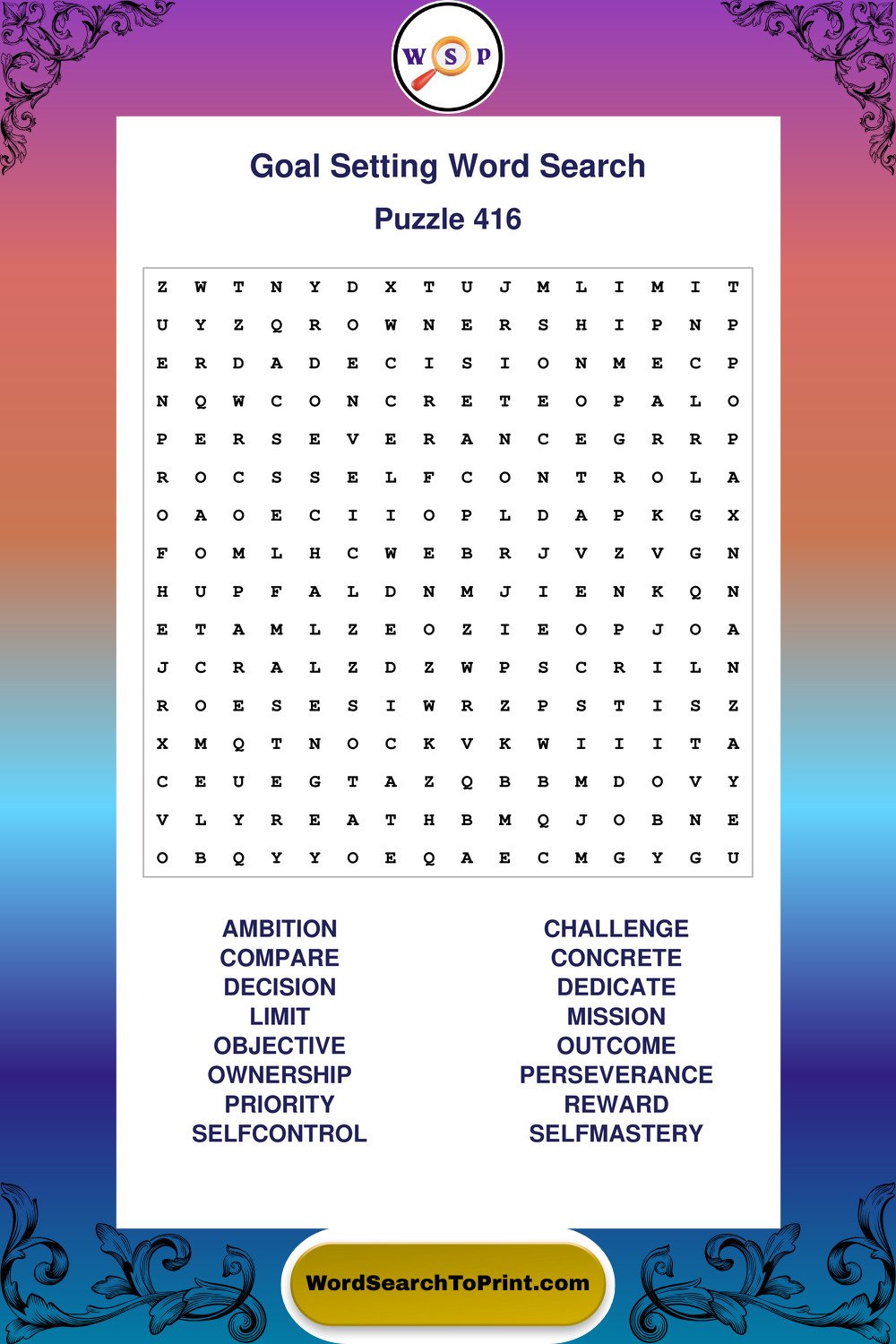 Goal Setting Word Search Puzzle 416