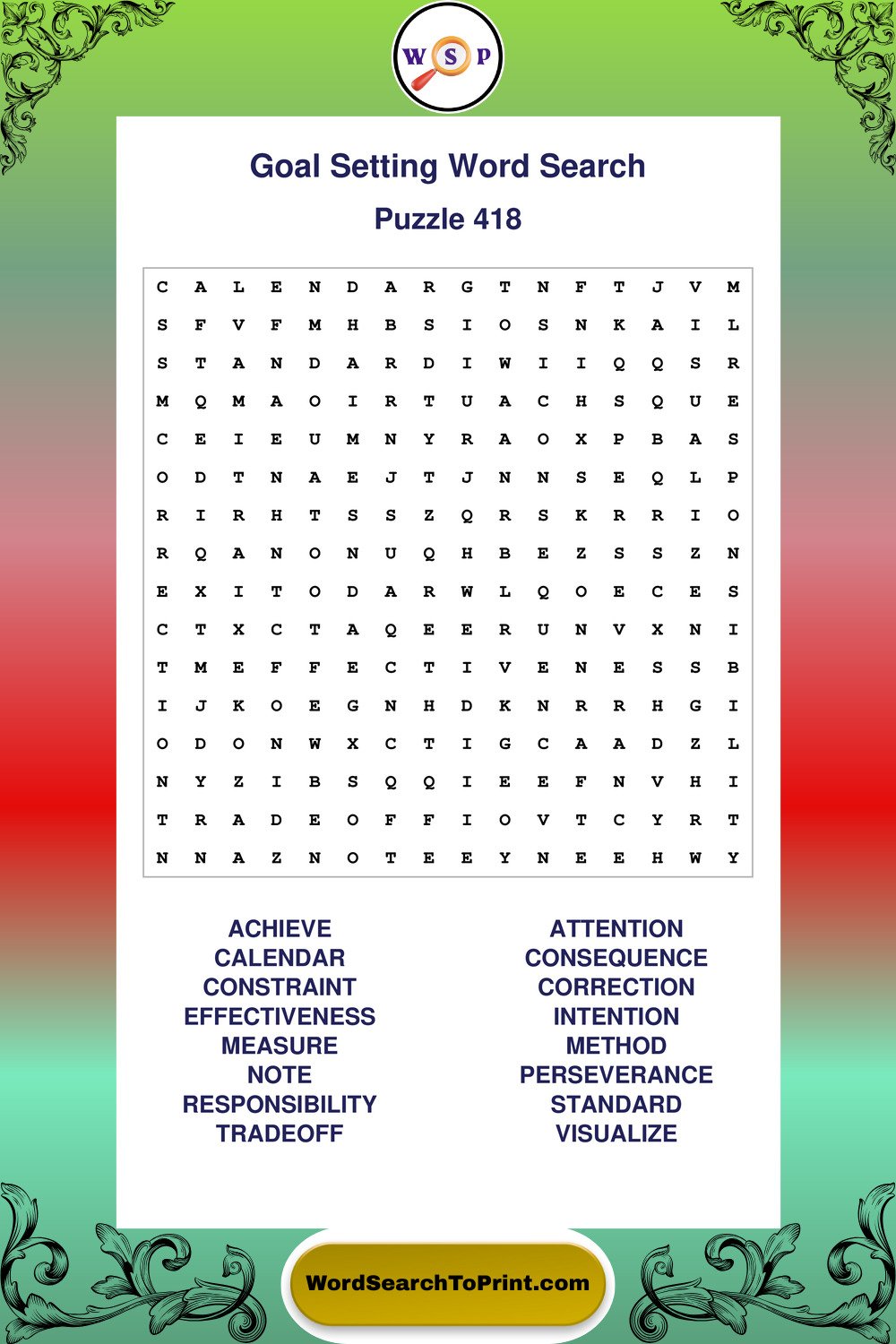 Goal Setting Word Search Puzzle 418