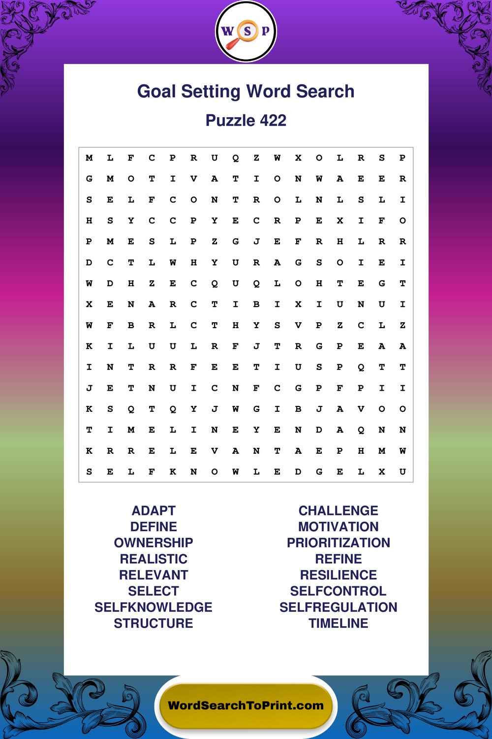 Goal Setting Word Search Puzzle 422