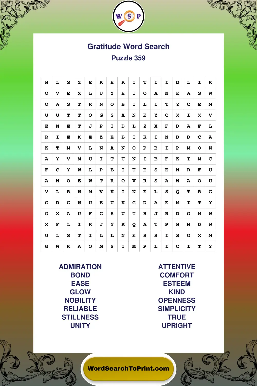 Gratitude Word Search Puzzle 359