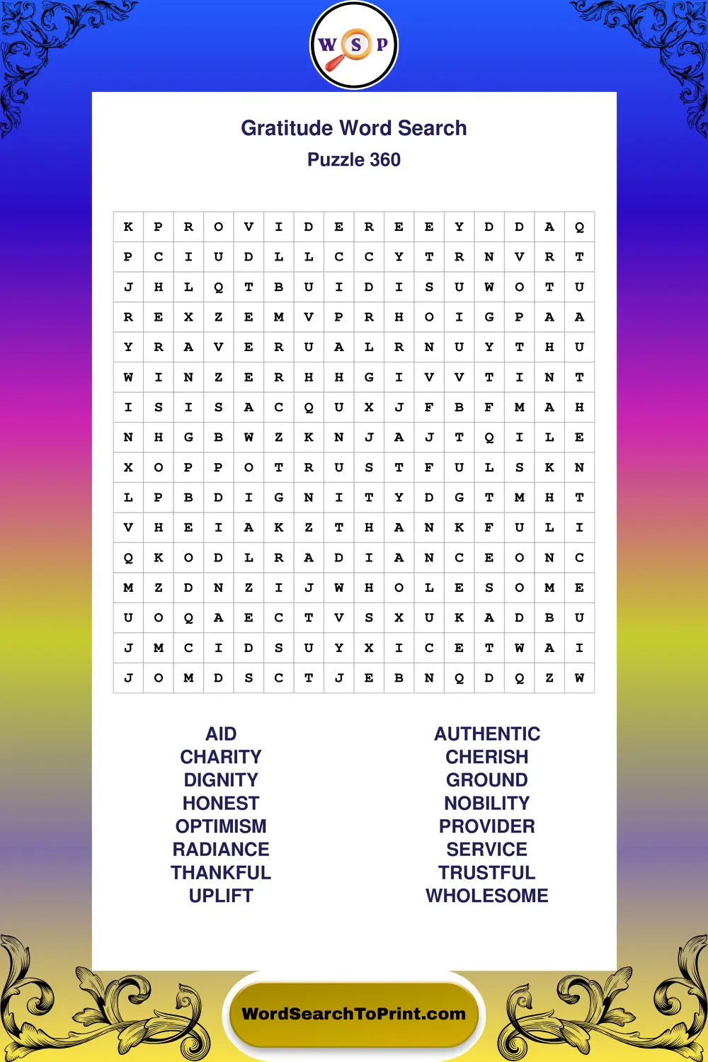 Gratitude Word Search Puzzle 360
