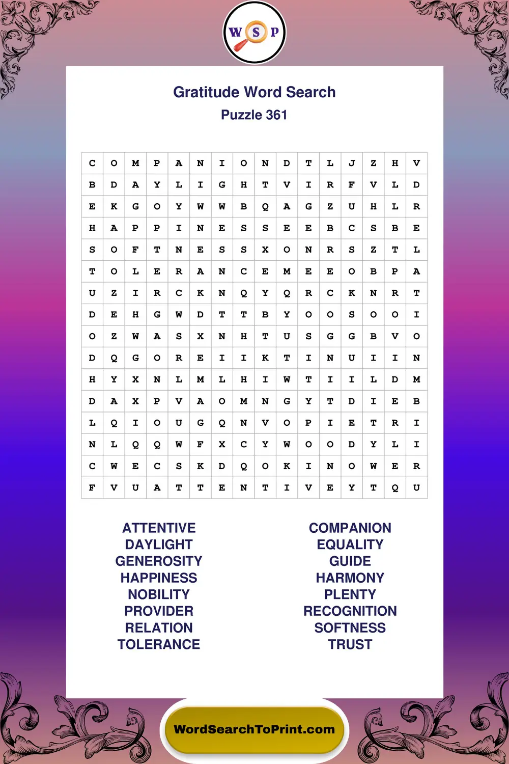 Gratitude Word Search Puzzle 361