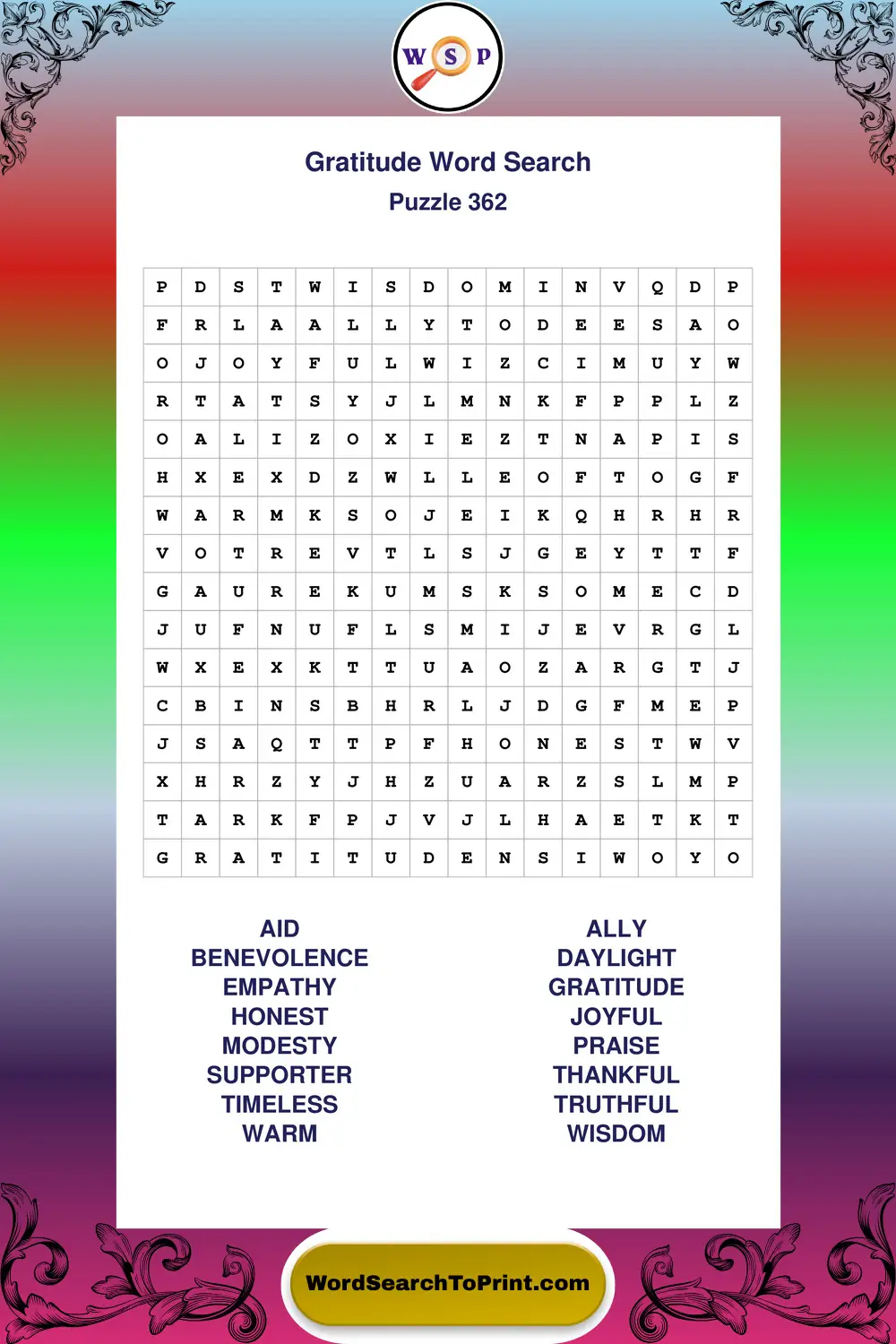 Gratitude Word Search Puzzle 362
