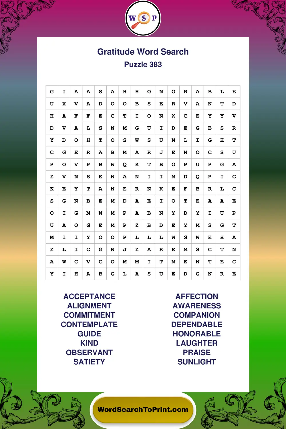 Gratitude Word Search Puzzle 383