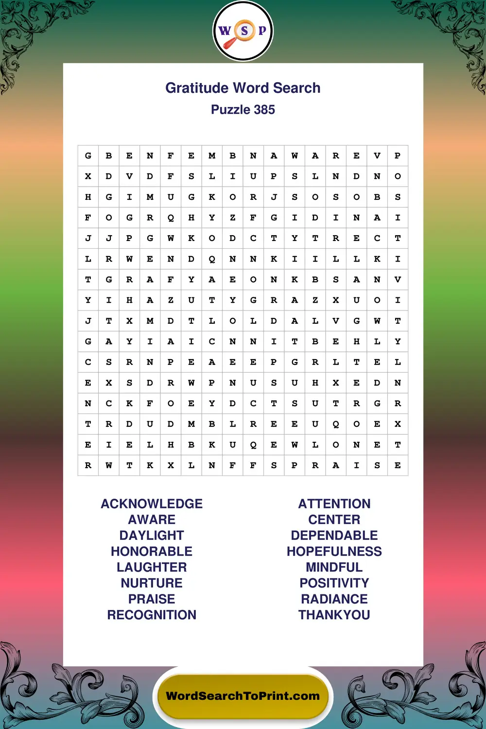 Gratitude Word Search Puzzle 385