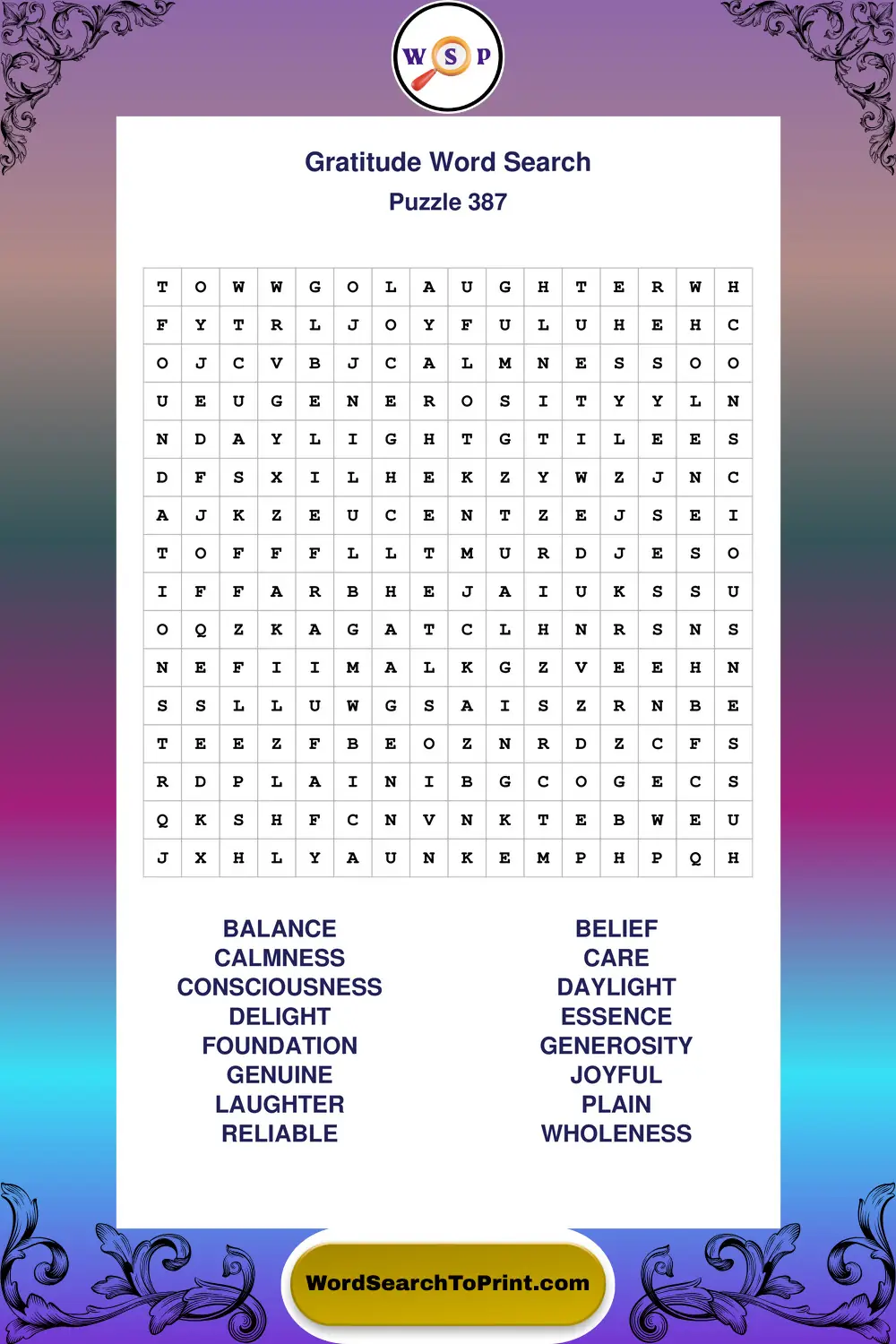 Gratitude Word Search Puzzle 387