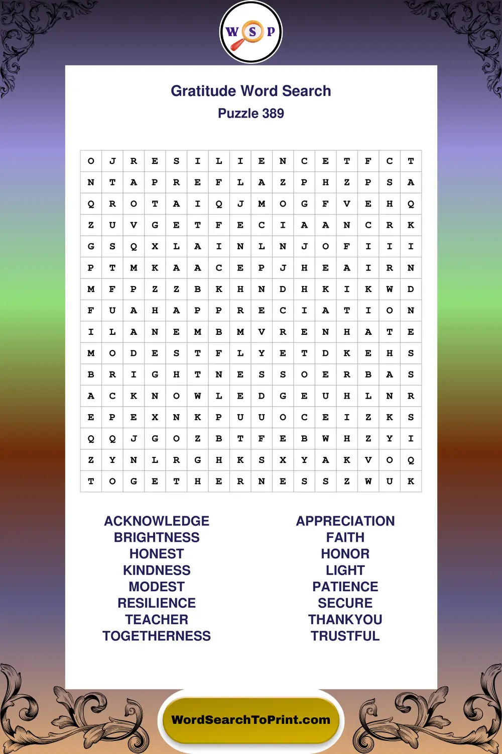 Gratitude Word Search Puzzle 389