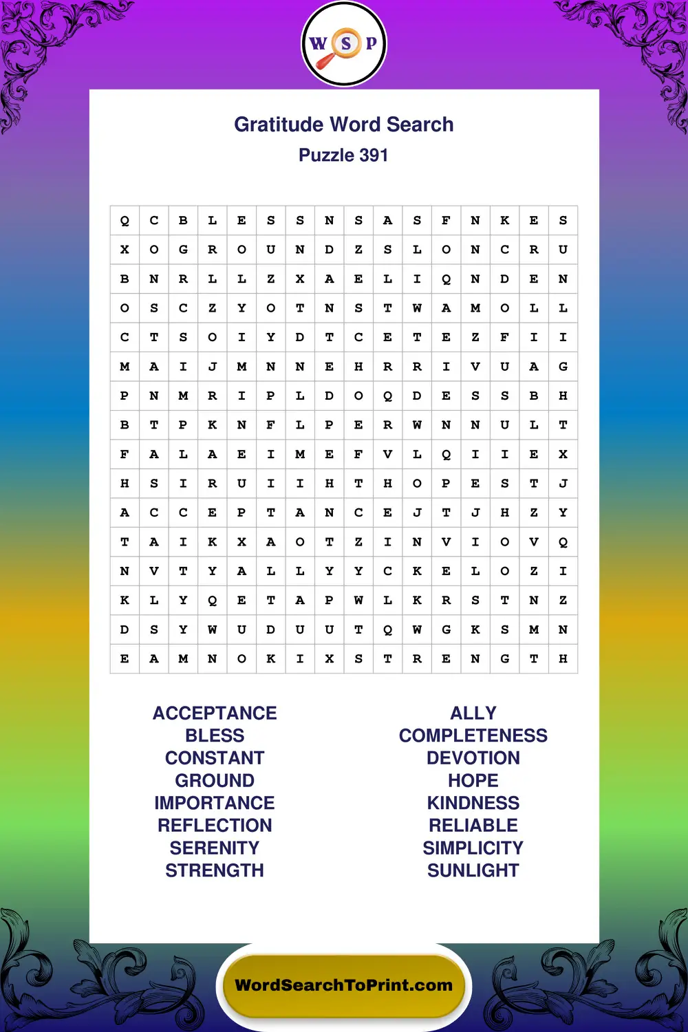 Gratitude Word Search Puzzle 391