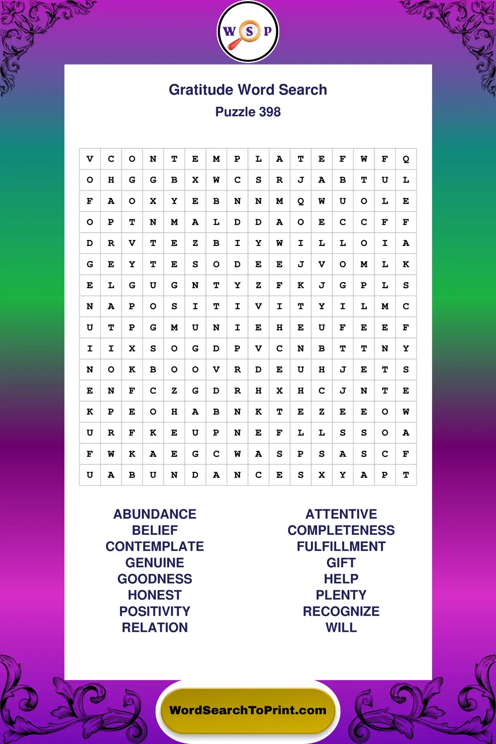 Gratitude Word Search Puzzle 398