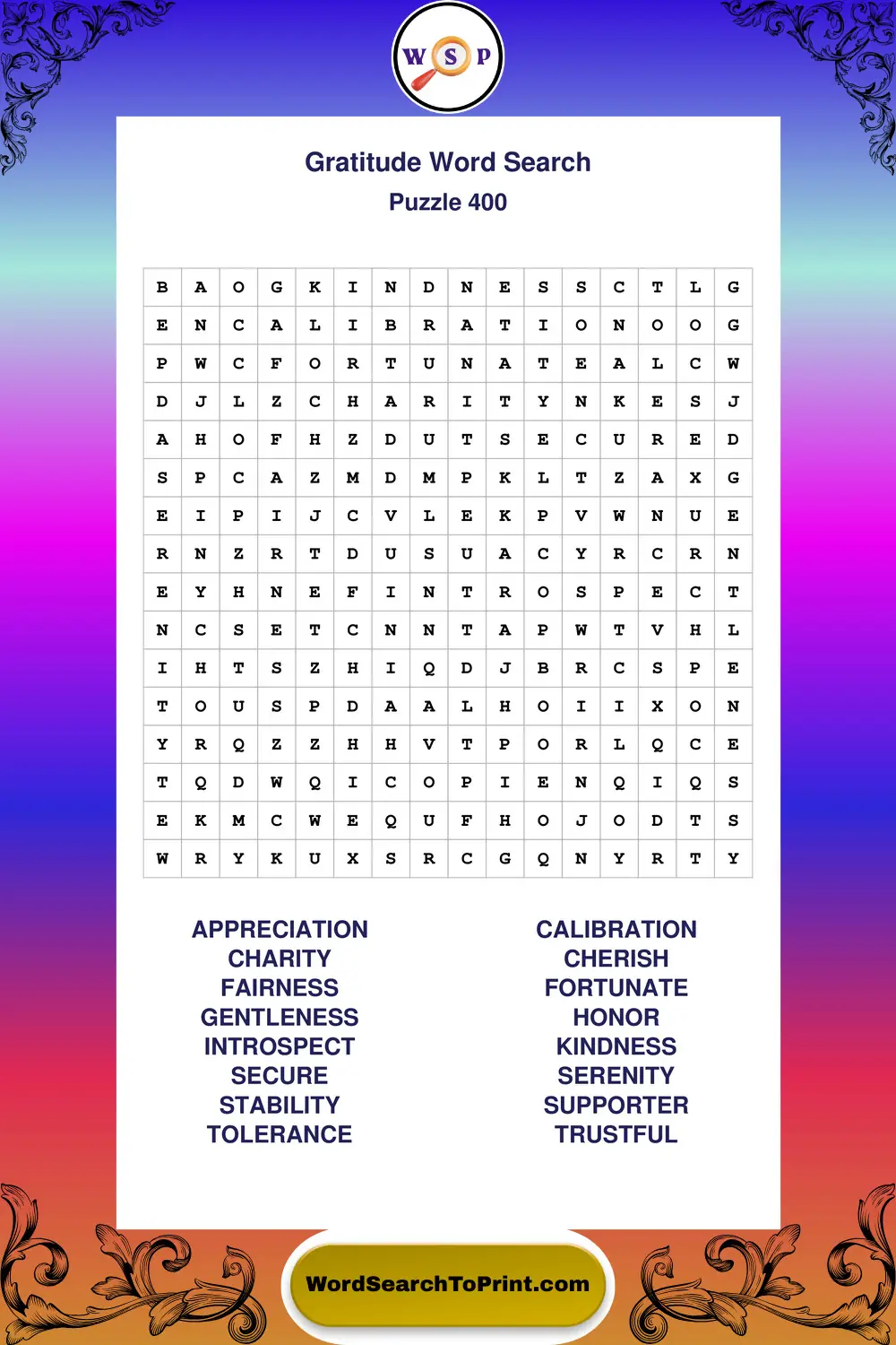 Gratitude Word Search Puzzle 400