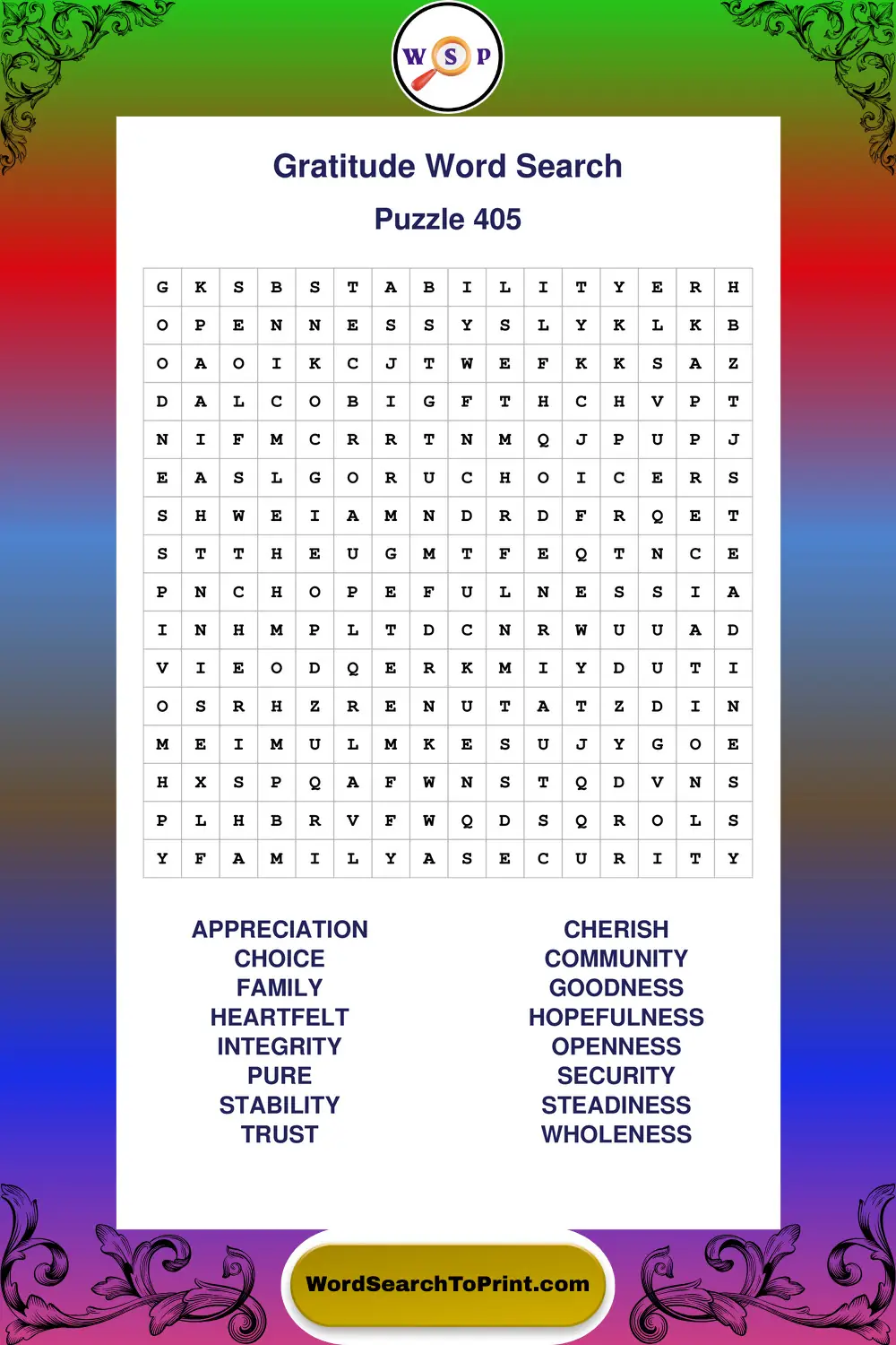 Gratitude Word Search Puzzle 405