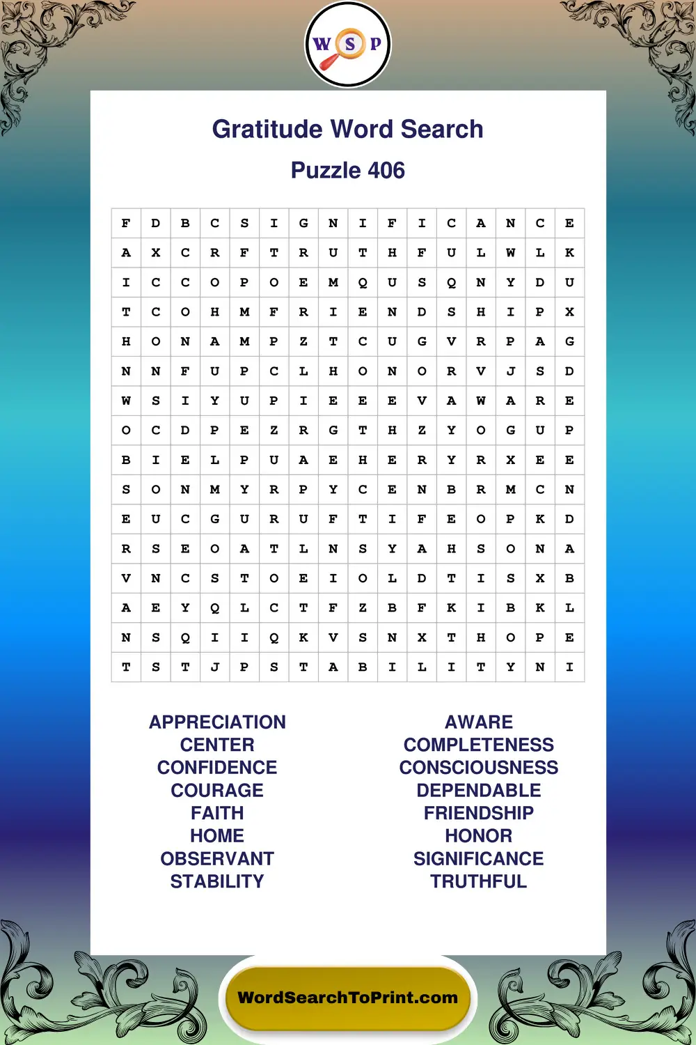 Gratitude Word Search Puzzle 406