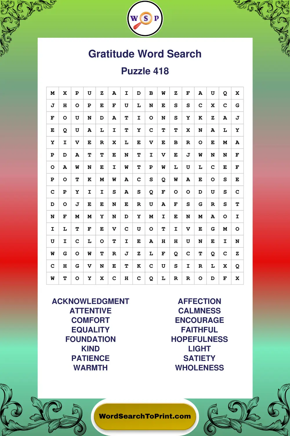 Gratitude Word Search Puzzle 418