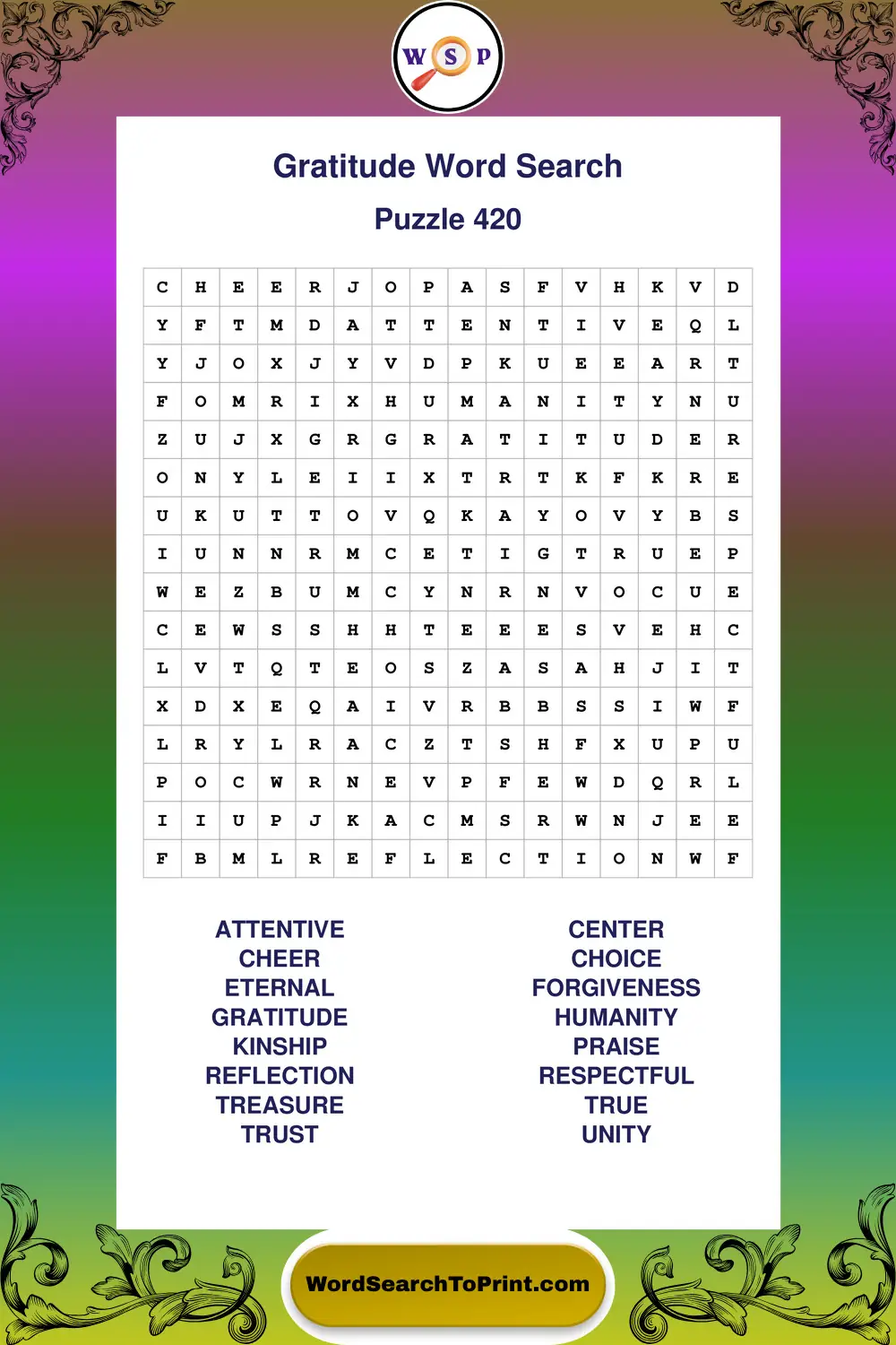 Gratitude Word Search Puzzle 420