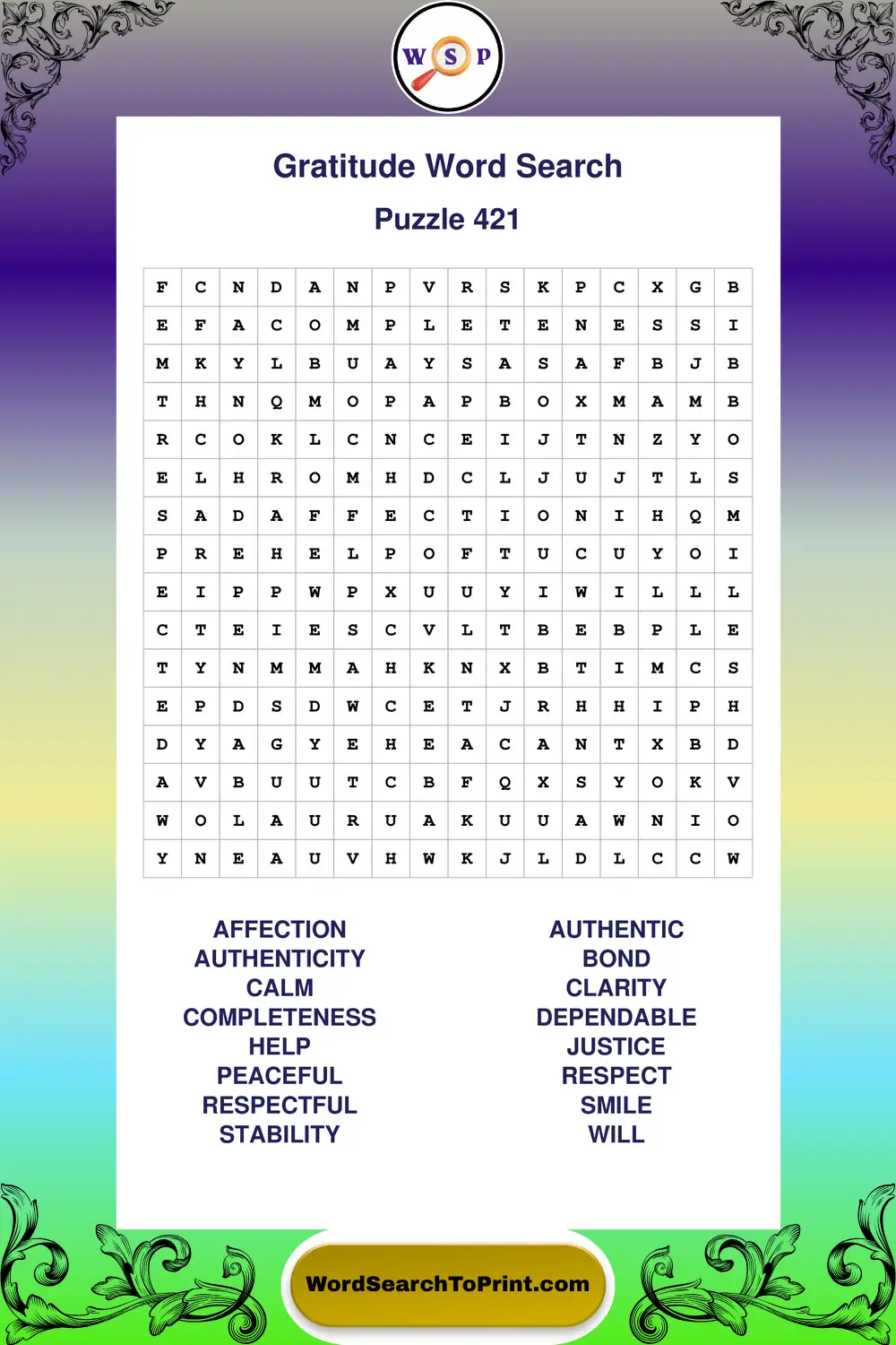 Gratitude Word Search Puzzle 421
