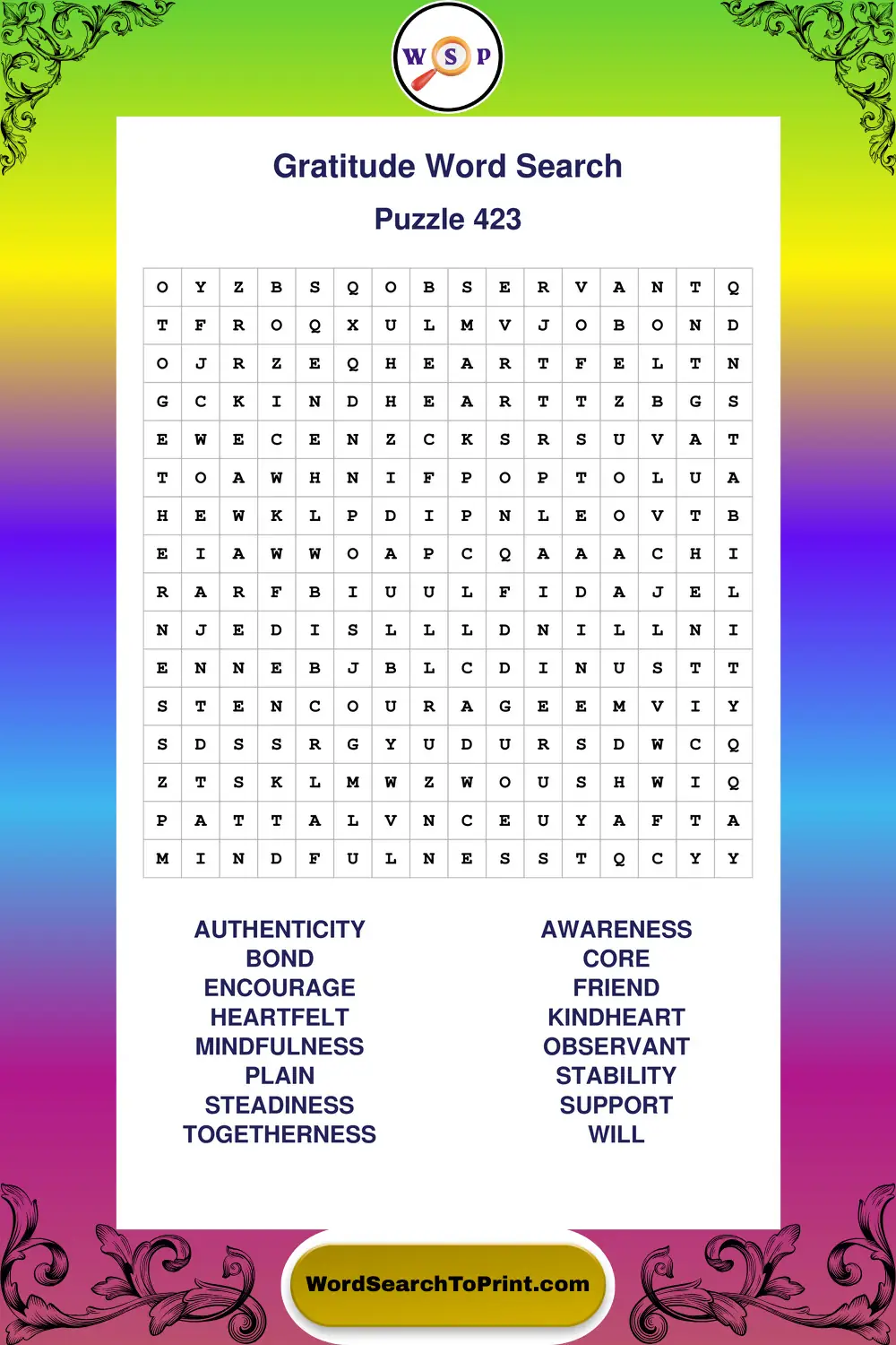 Gratitude Word Search Puzzle 423