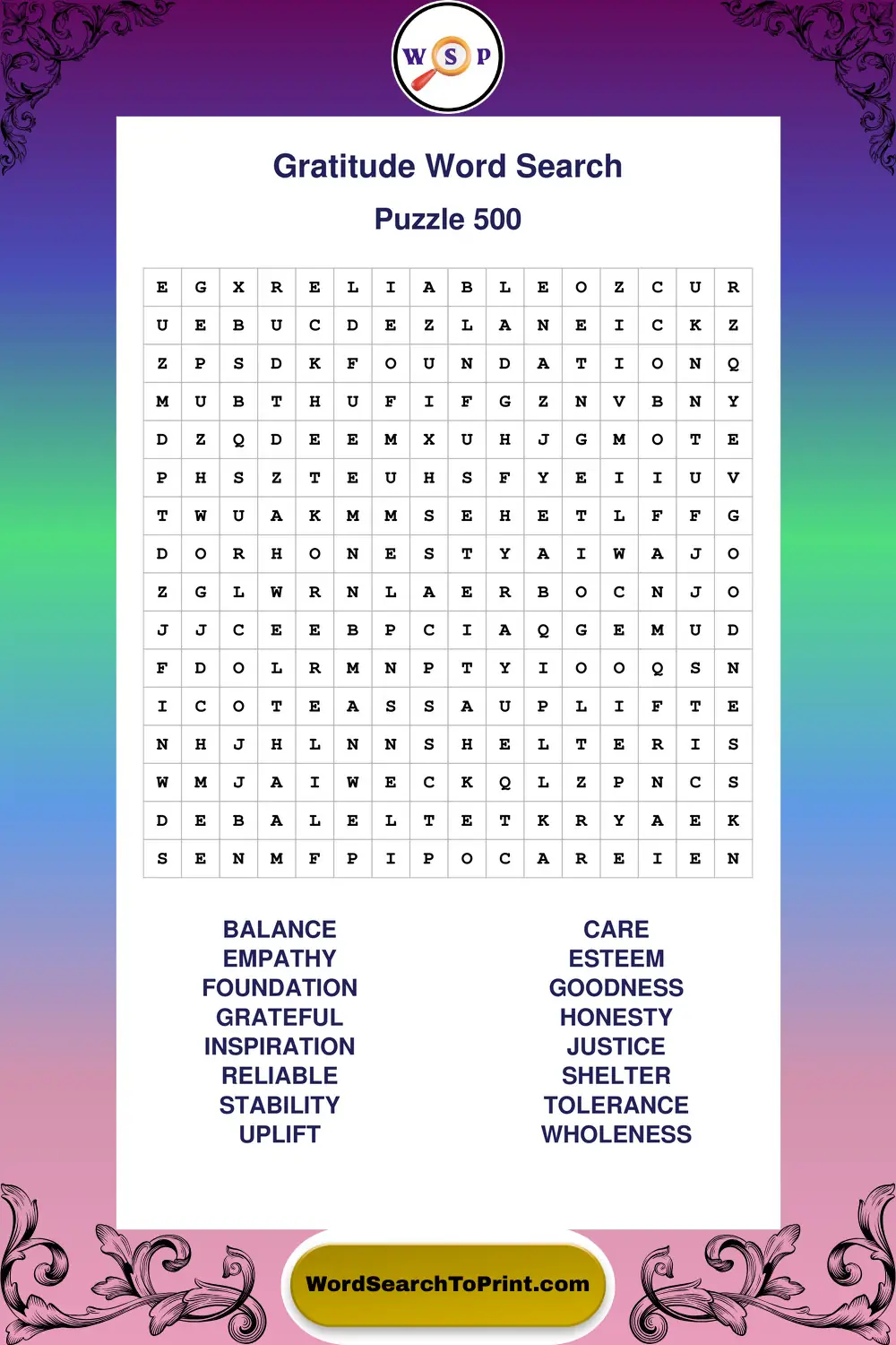 Gratitude Word Search Puzzle 500