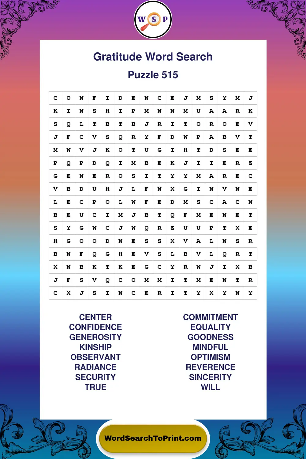 Gratitude Word Search Puzzle 515