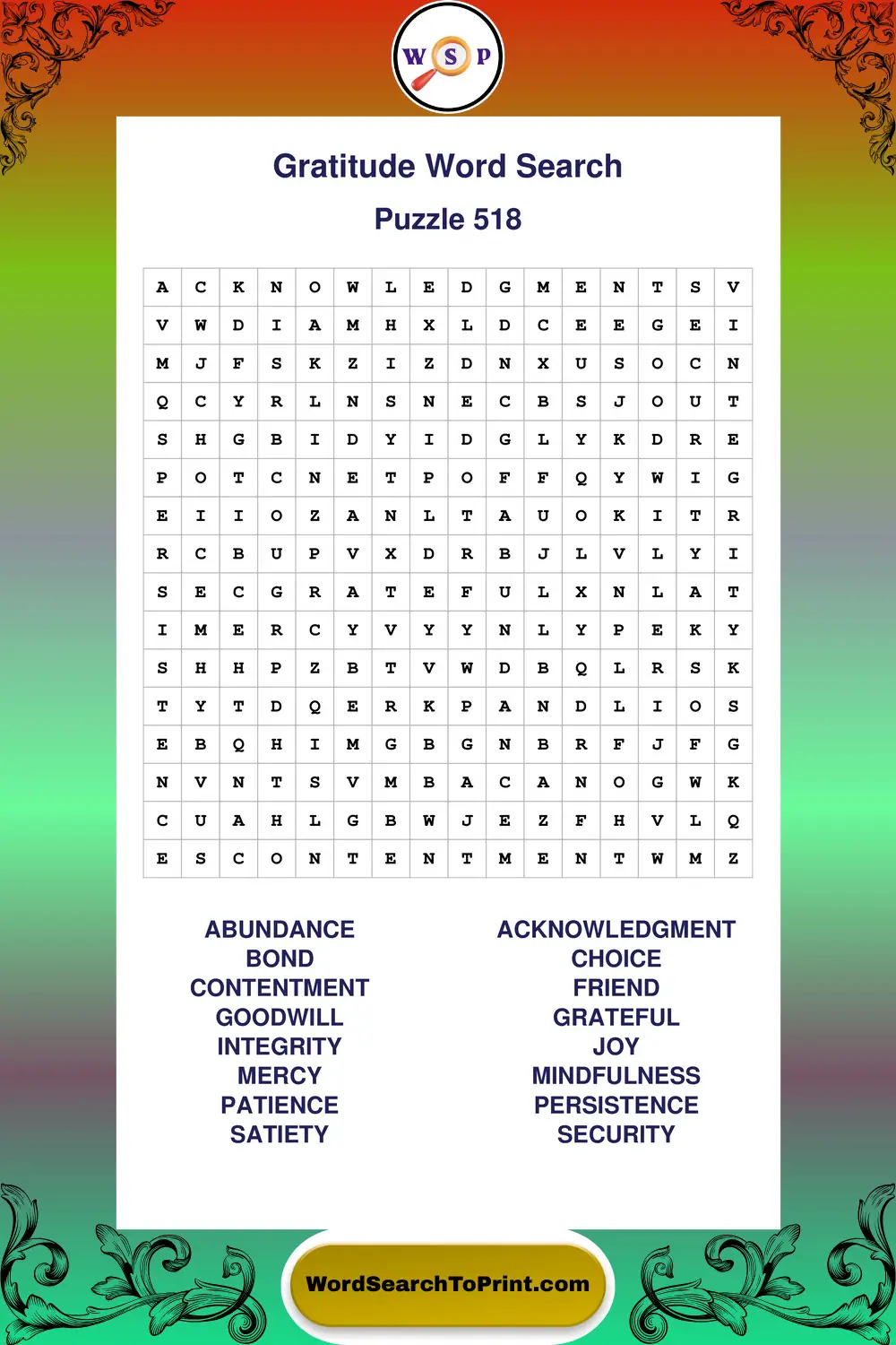 Gratitude Word Search Puzzle 518