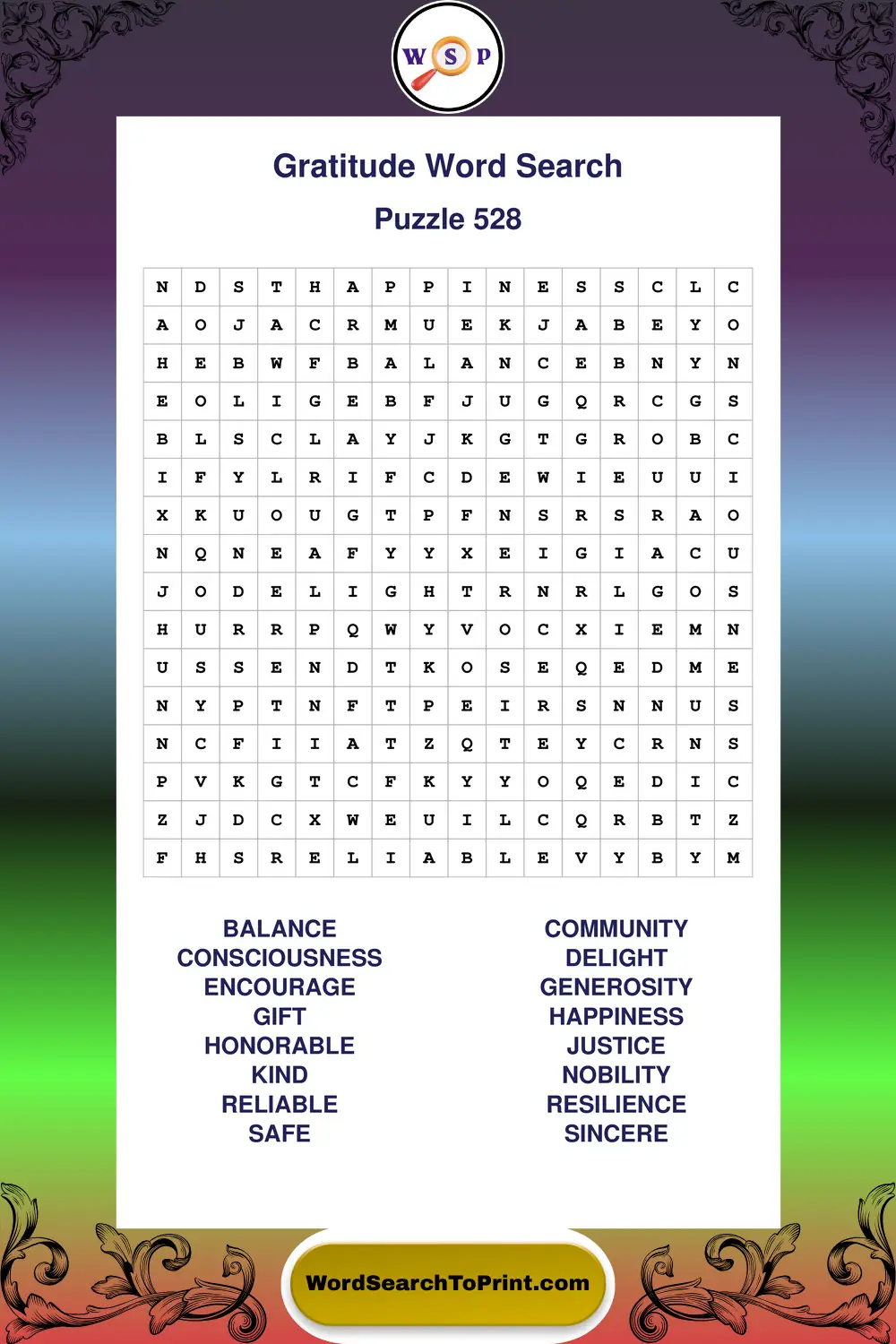 Gratitude Word Search Puzzle 528