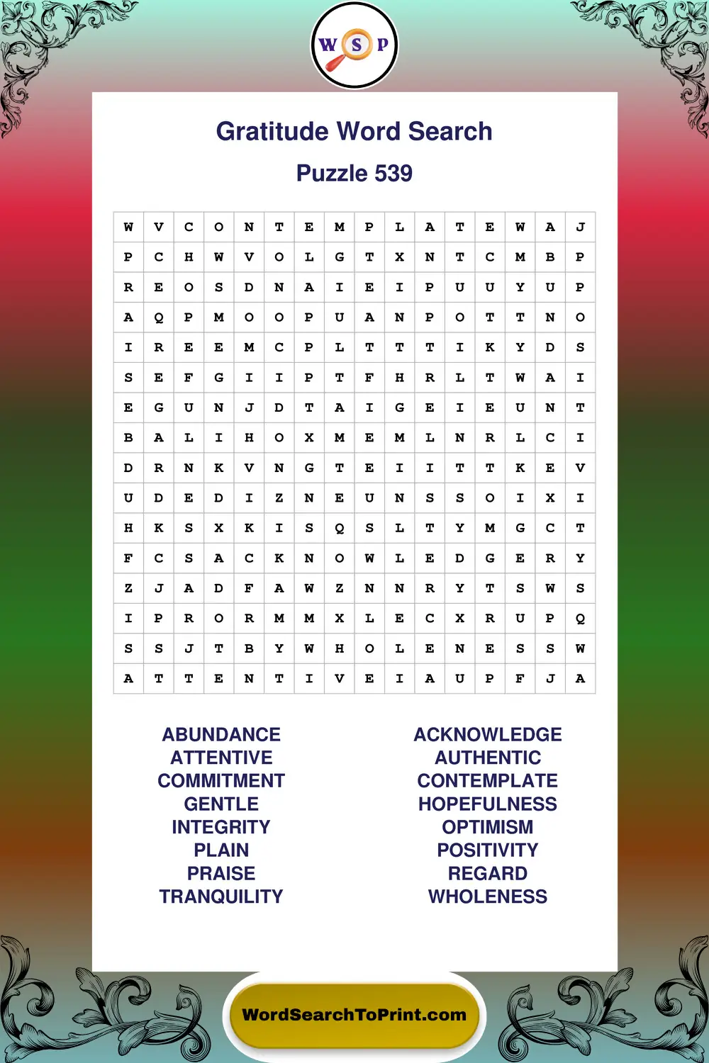 Gratitude Word Search Puzzle 539