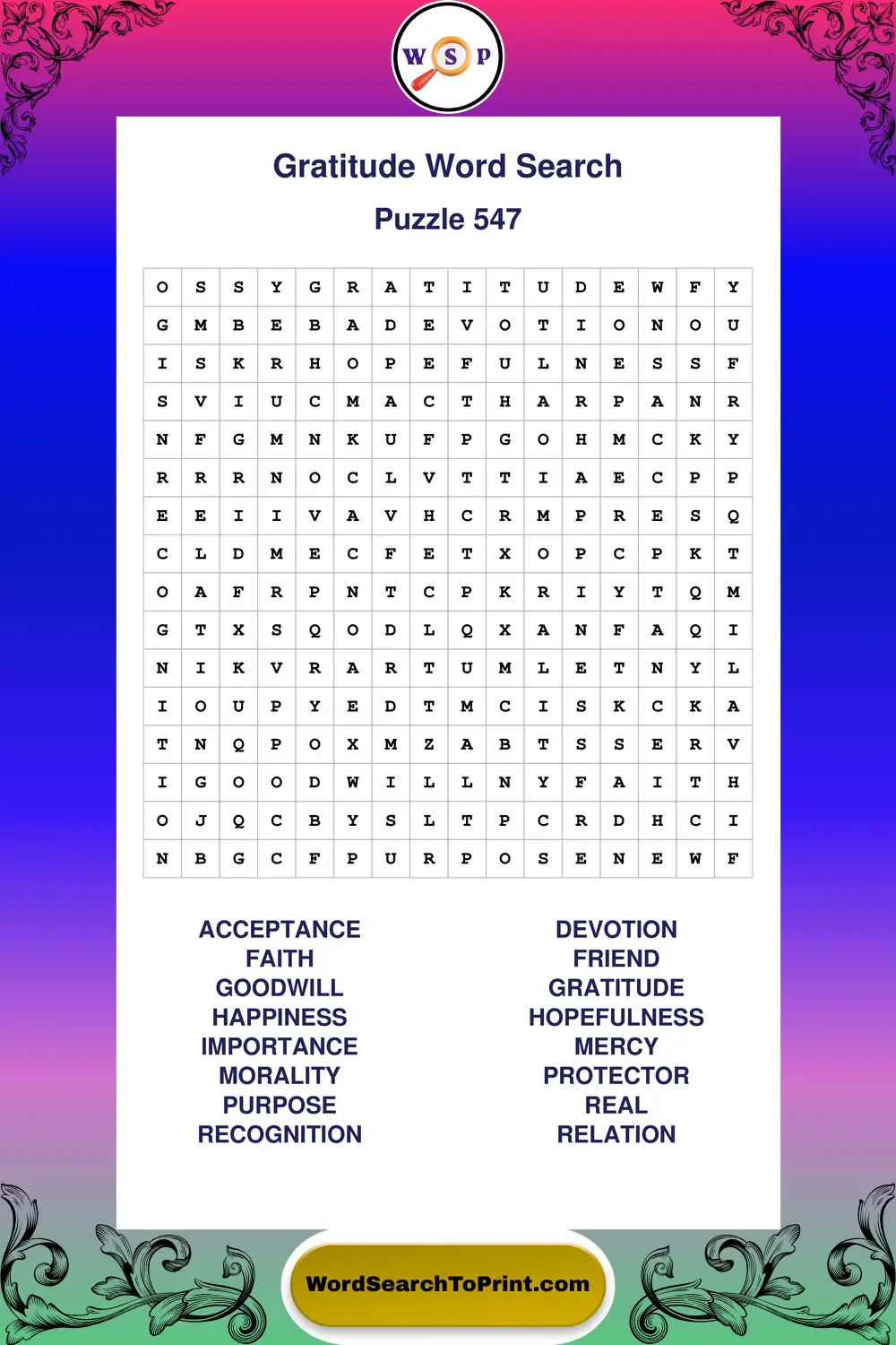 Gratitude Word Search Puzzle 547