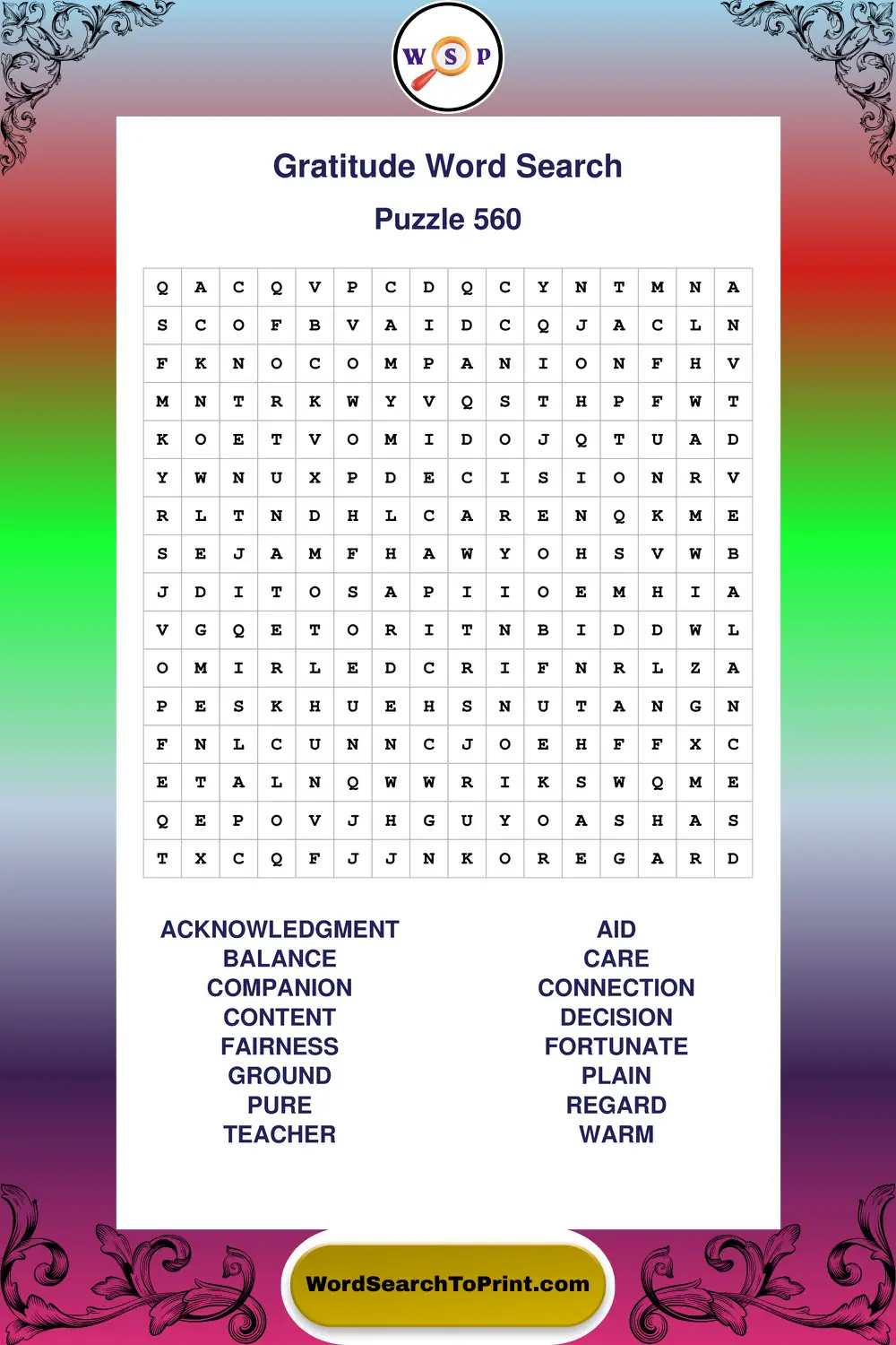 Gratitude Word Search Puzzle 560