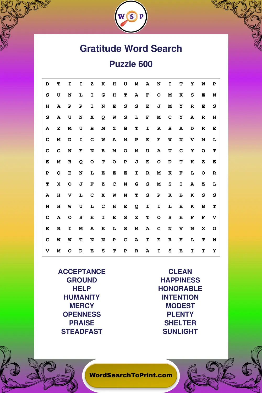 Gratitude Word Search Puzzle 600