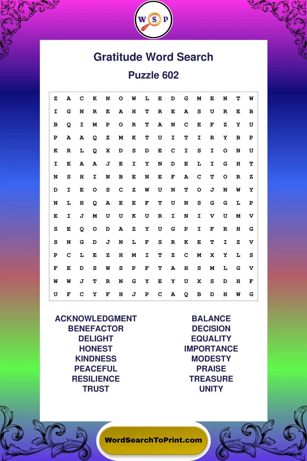 Gratitude Word Search Puzzle 602