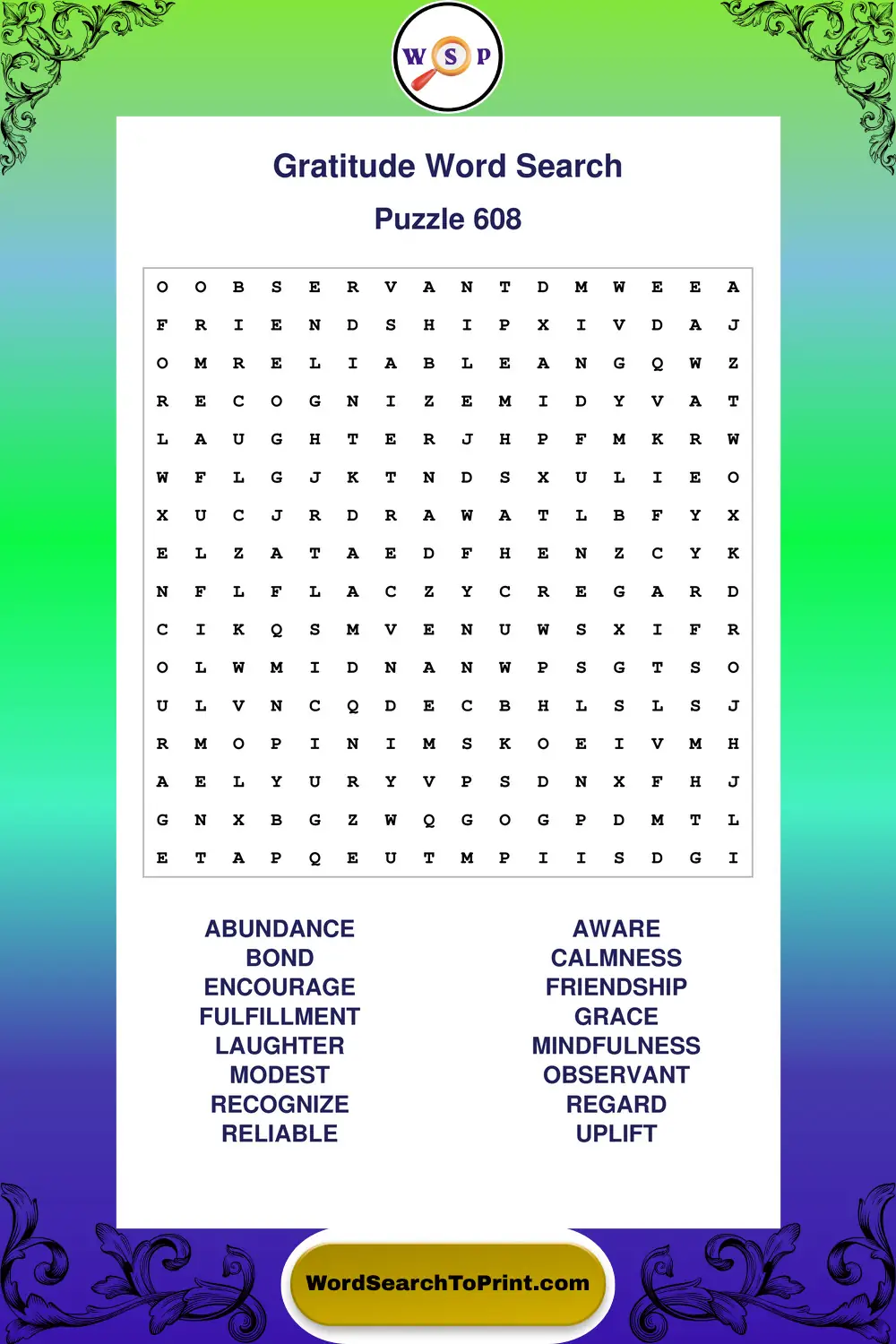 Gratitude Word Search Puzzle 608