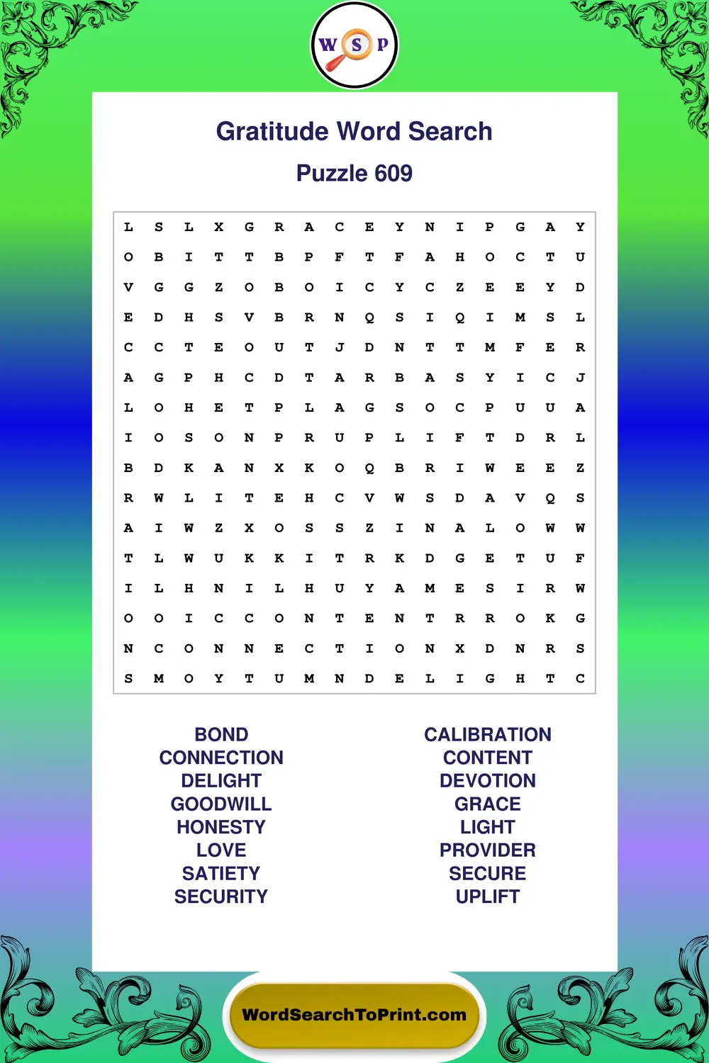 Gratitude Word Search Puzzle 609