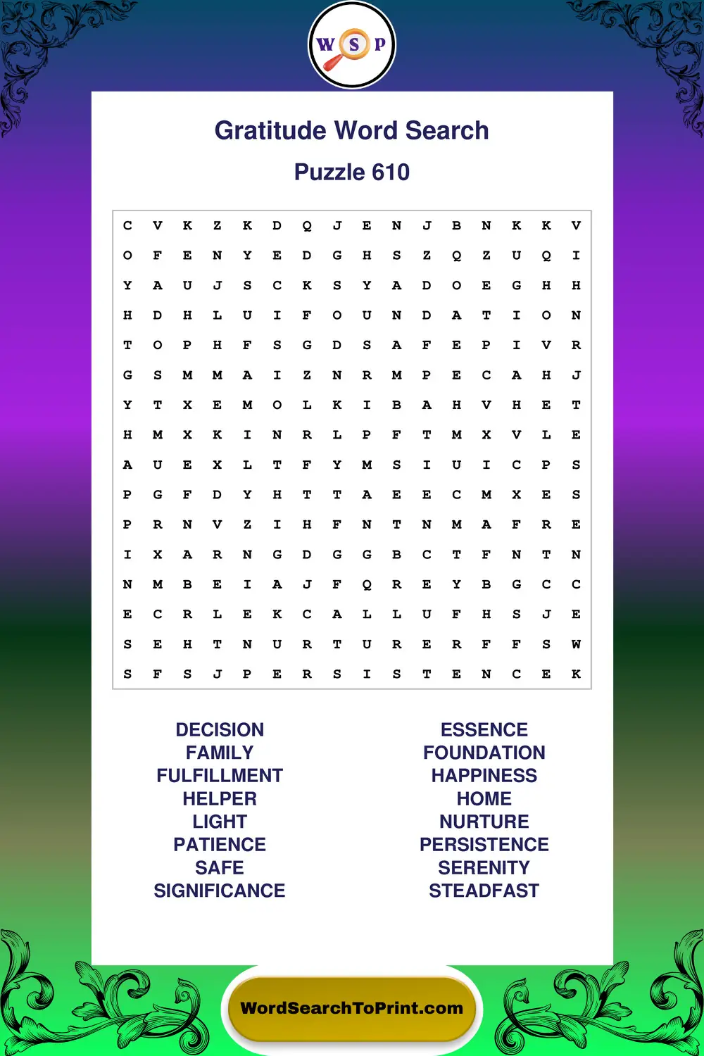 Gratitude Word Search Puzzle 610