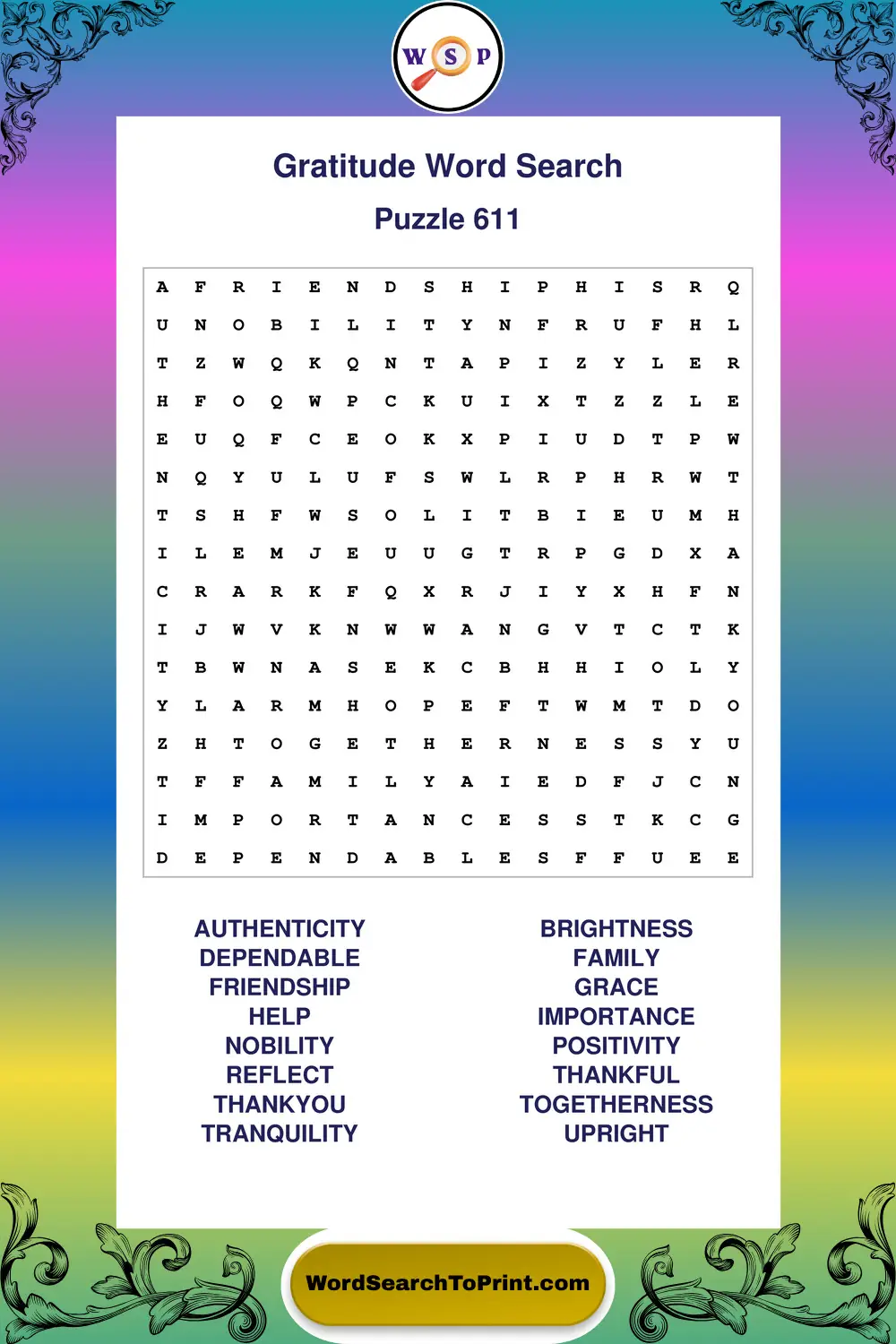 Gratitude Word Search Puzzle 611