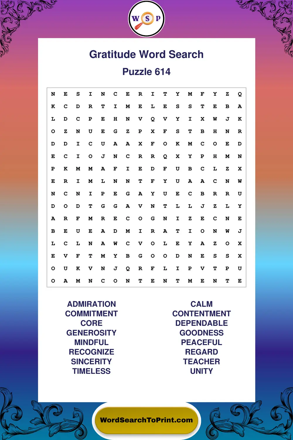 Gratitude Word Search Puzzle 614