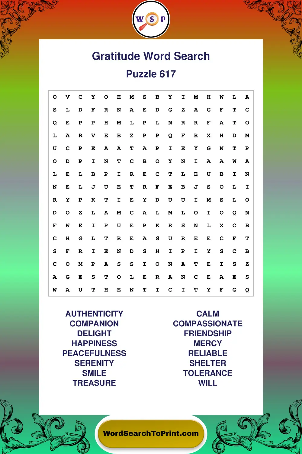 Gratitude Word Search Puzzle 617