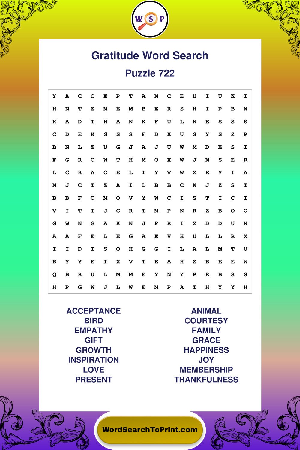 Gratitude Word Search Puzzle 722