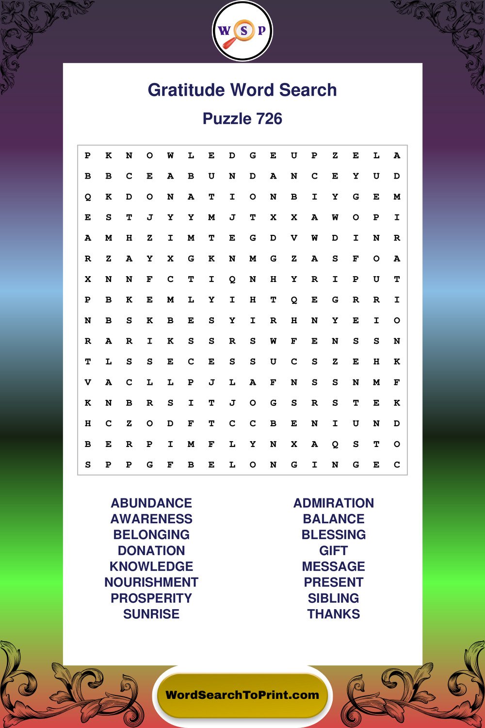 Gratitude Word Search Puzzle 726