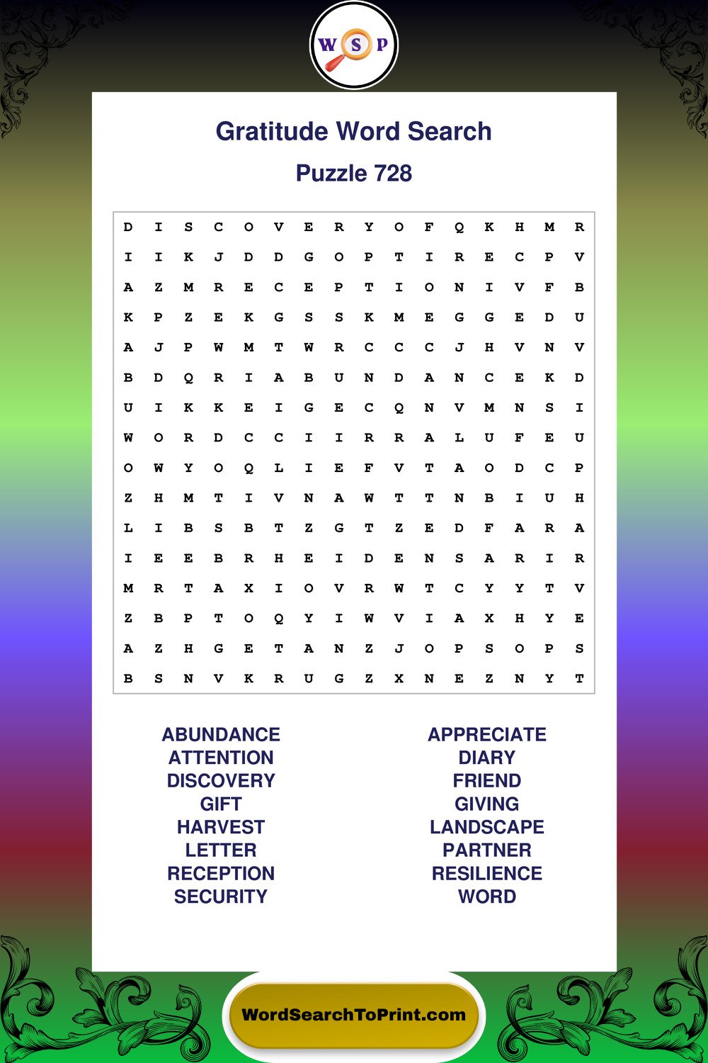 Gratitude Word Search Puzzle 728