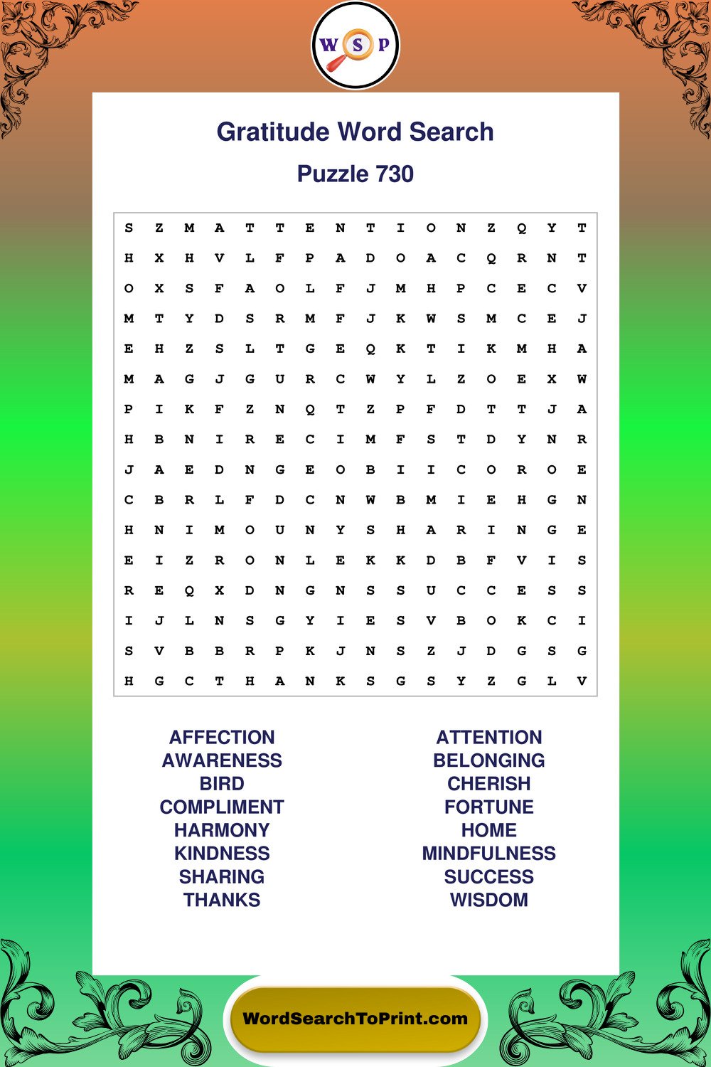 Gratitude Word Search Puzzle 730