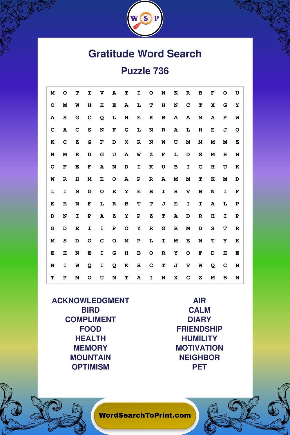 Gratitude Word Search Puzzle 736