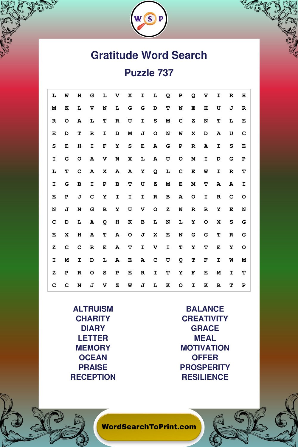 Gratitude Word Search Puzzle 737