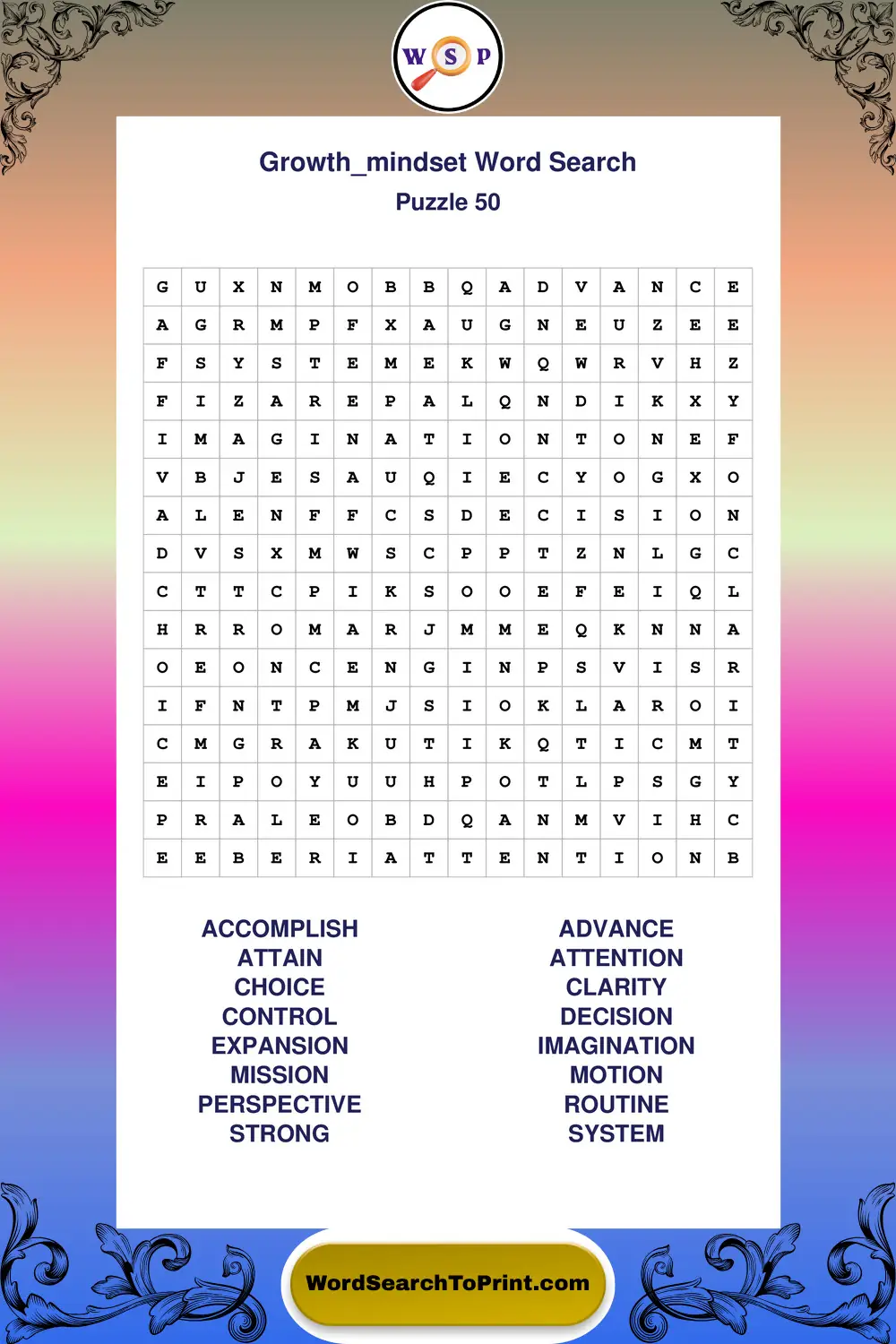 Growth Mindset Word Search Puzzle 50