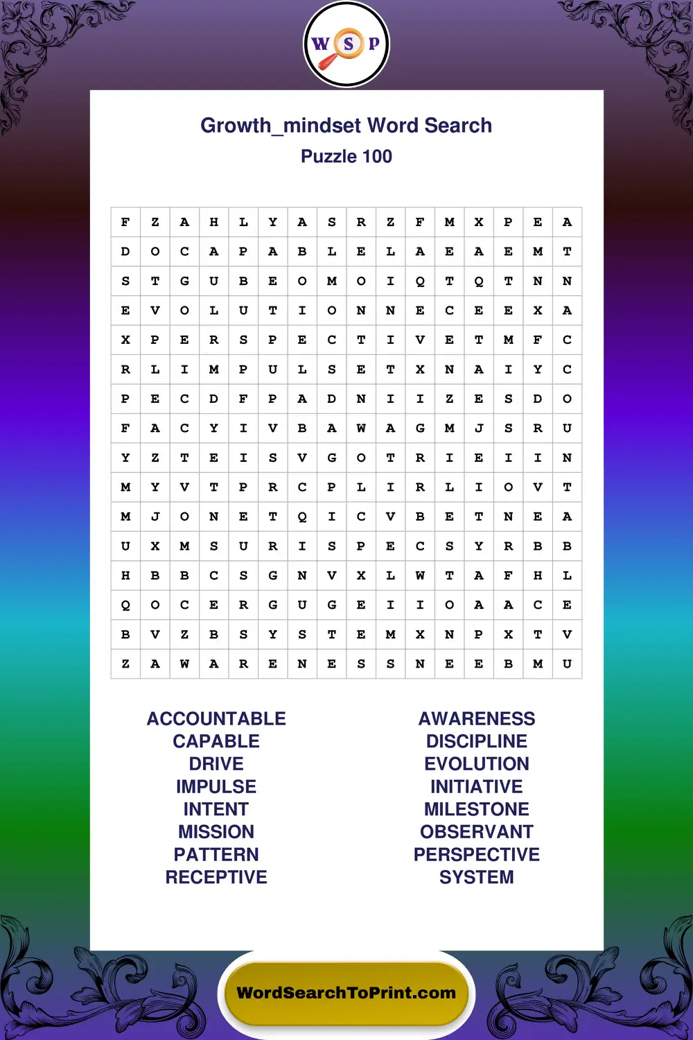 Growth Mindset Word Search Puzzle 100