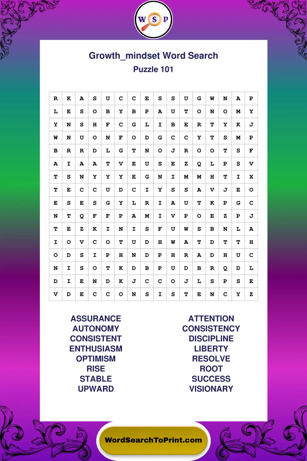 Growth Mindset Word Search Puzzle 101