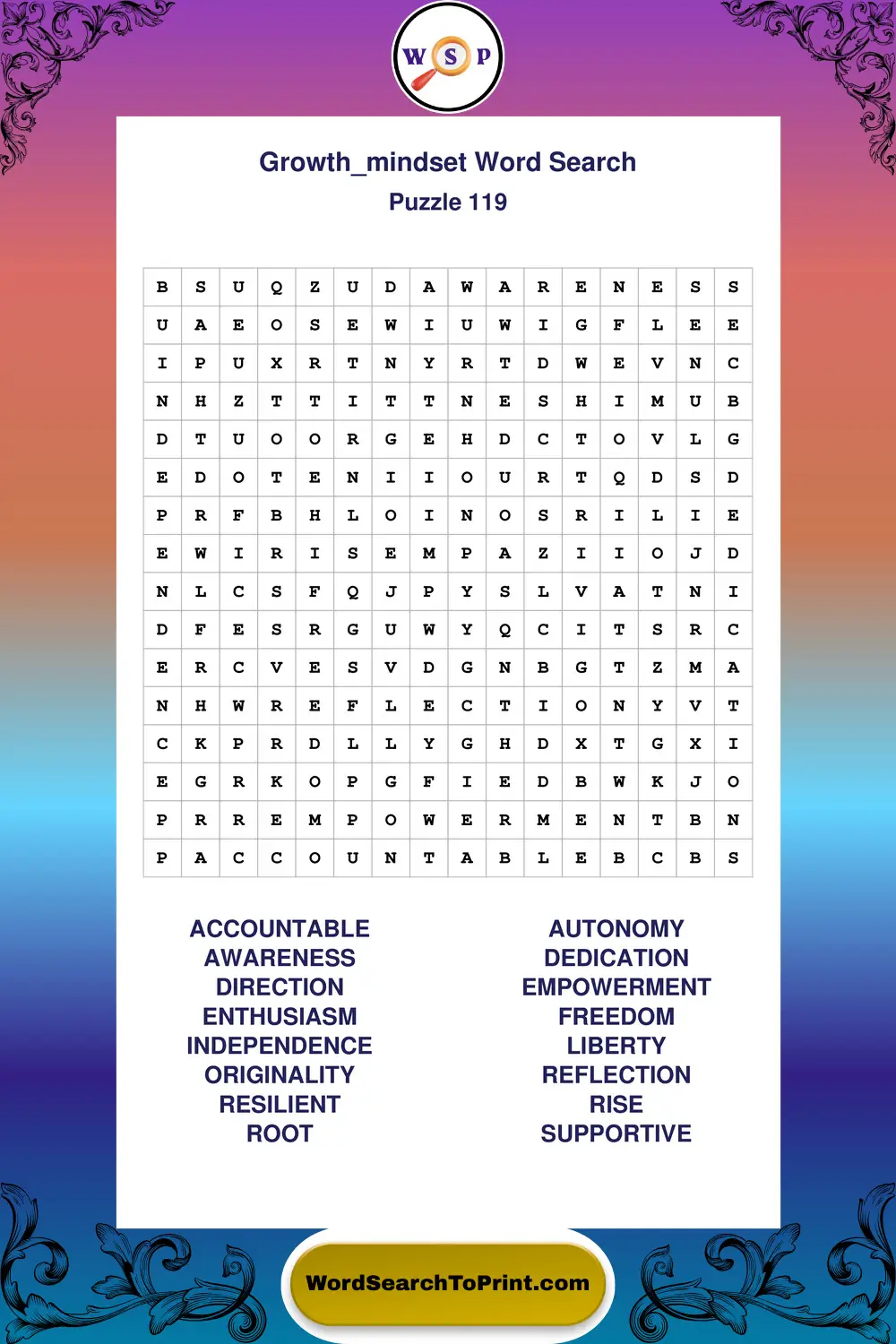 Growth Mindset Word Search Puzzle 119