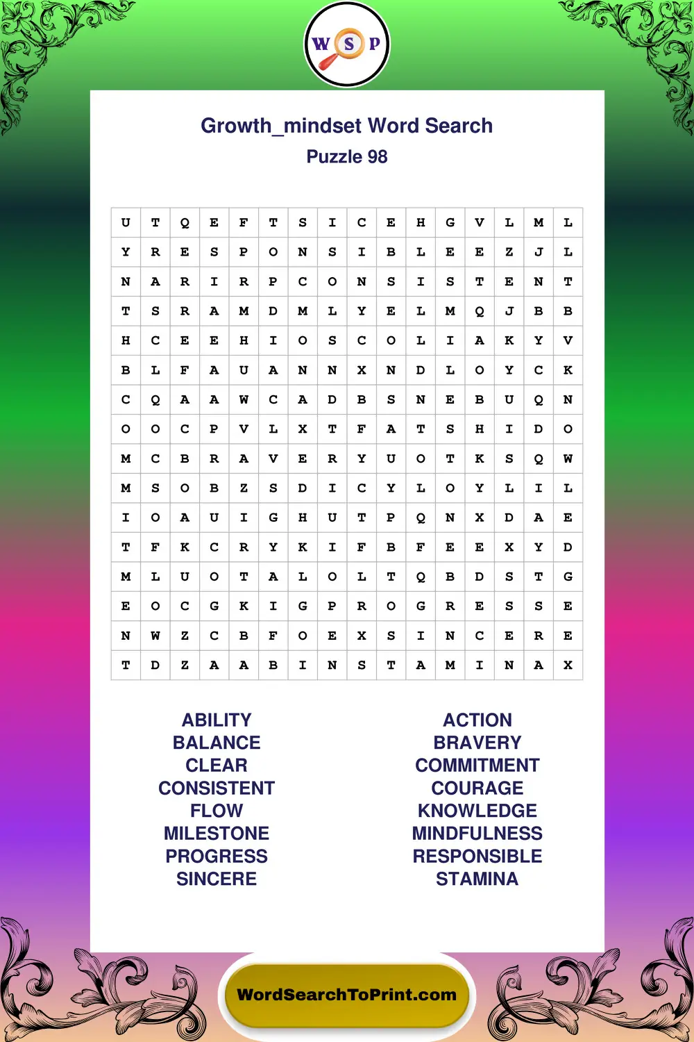 Growth Mindset Word Search Puzzle 98