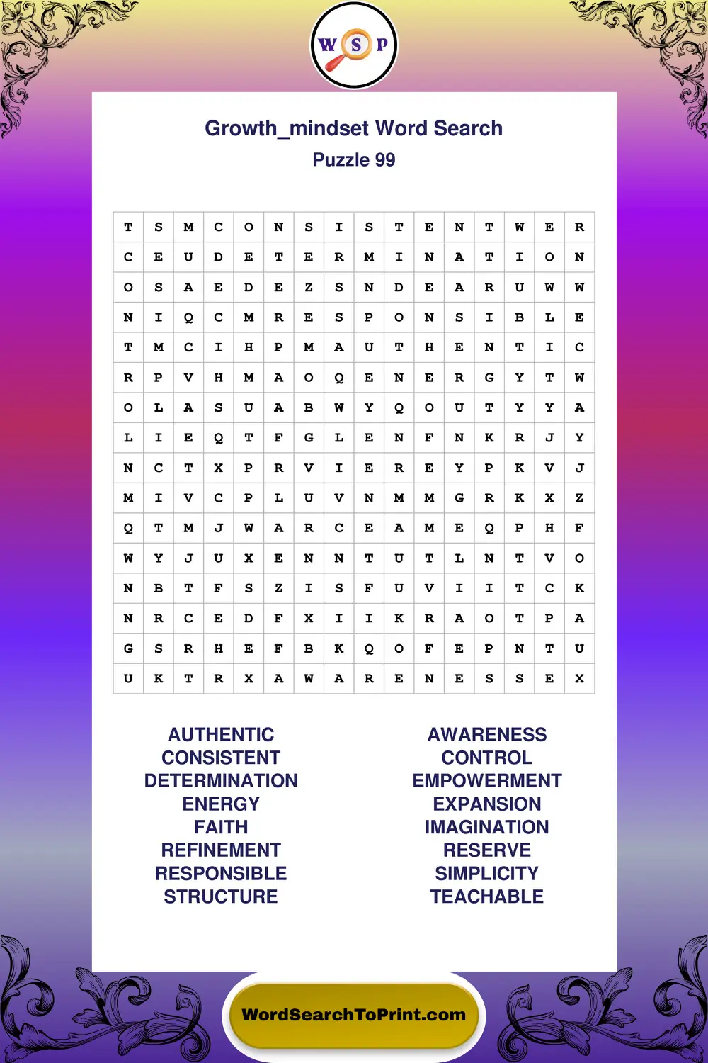 Growth Mindset Word Search Puzzle 99
